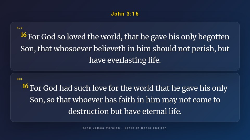 John 3:16 on the big screen in the King James Version and the Bible in Basic English, one below the other